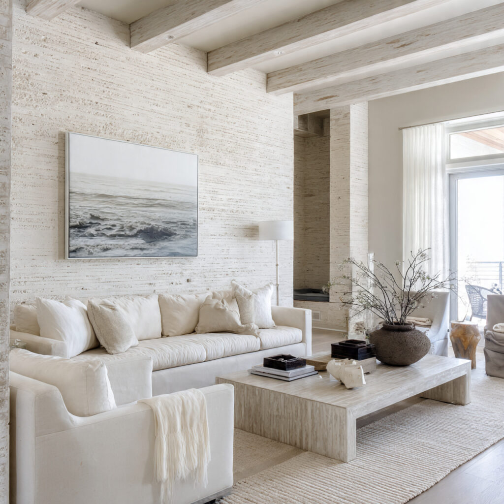 textured white walls add subtle dimension and