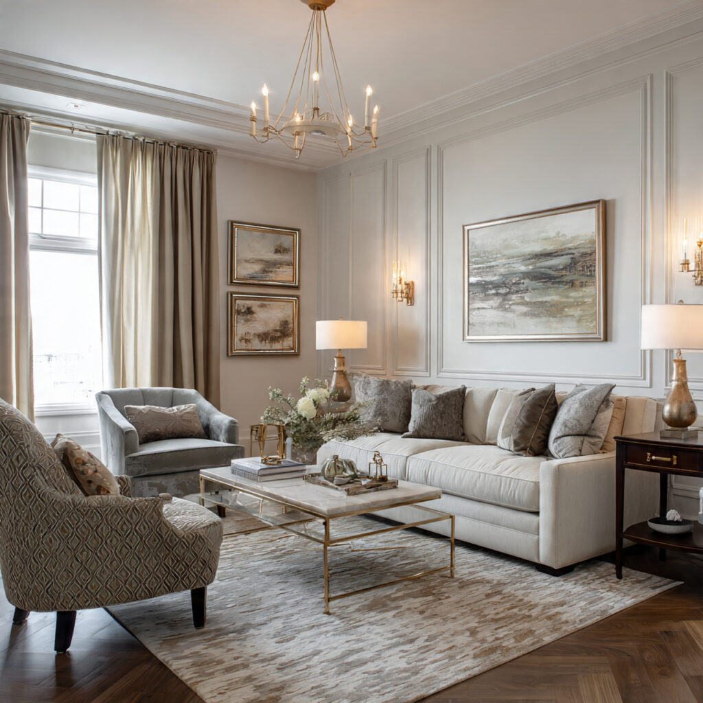 transitional interior design with classic furniture shapes