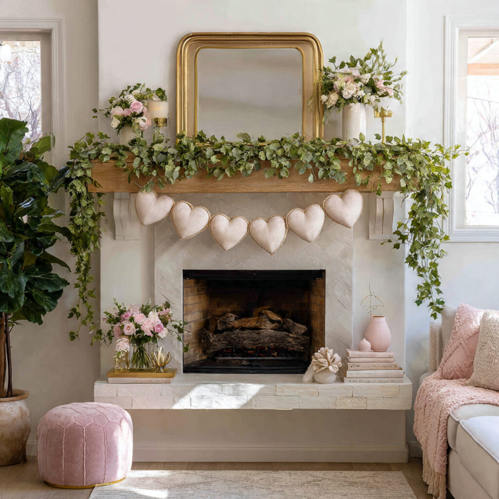 valentine mantle decor with soft greenery