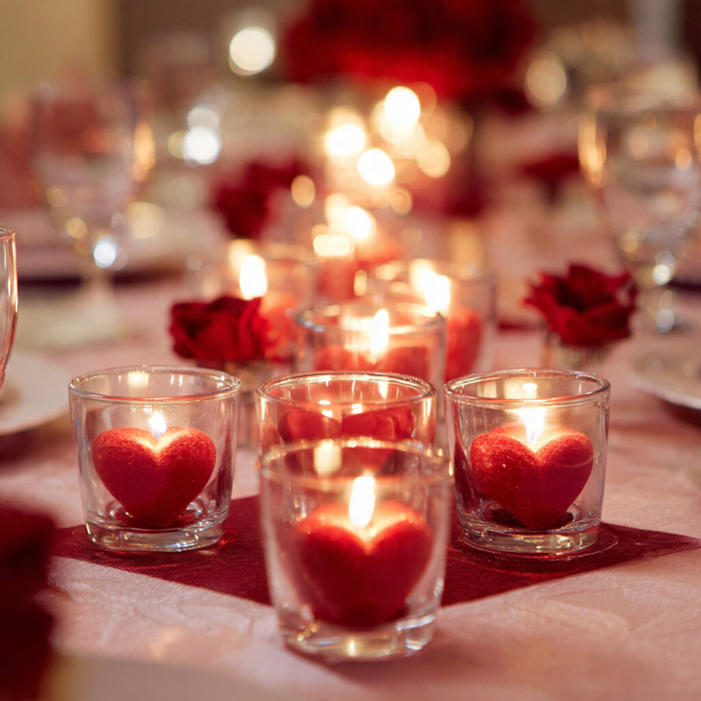 valentine table decor with tea lights in
