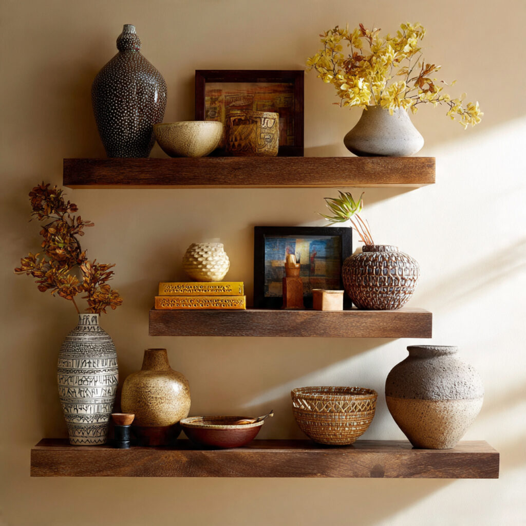 warm wall shelves with decorative touches