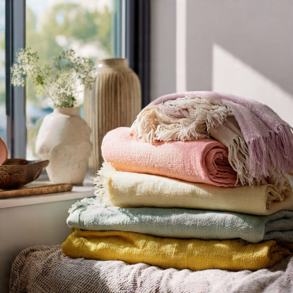 Layered Throw Blankets in Spring Tones