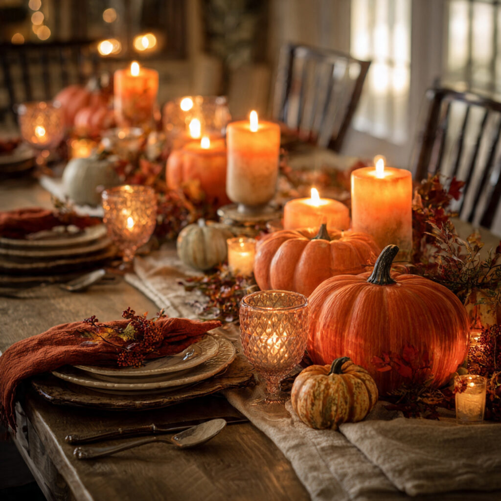 a cozy autumn table centerpiece with pumpkins of d