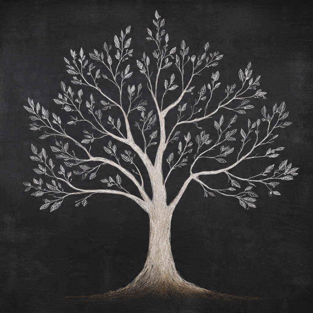 a chalkboard design with a simple tree