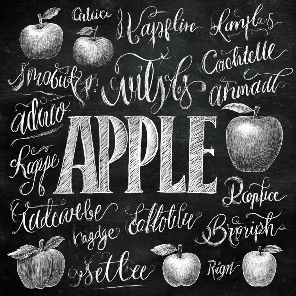 a chalkboard list of apple varieties using