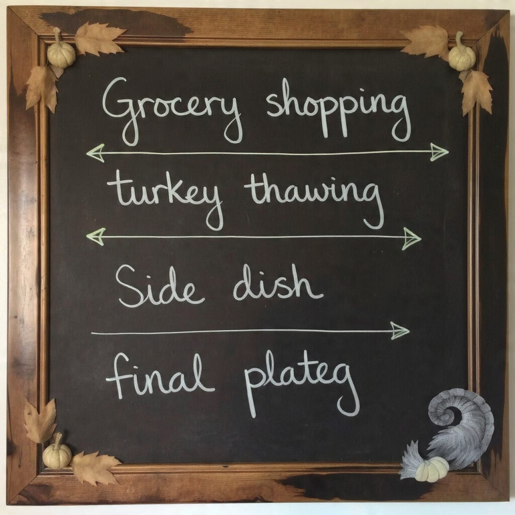 a chalkboard showing a thanksgiving prep timeline