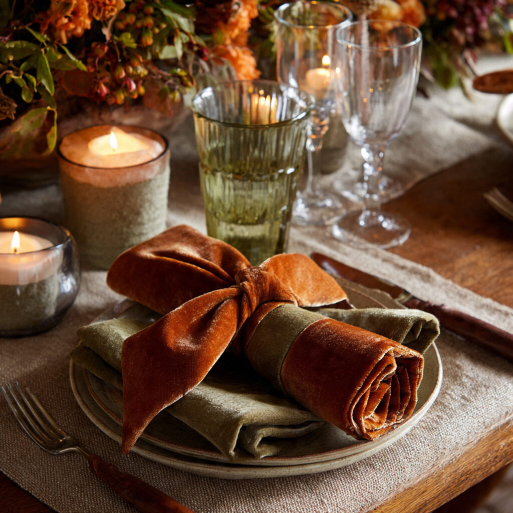 a charming thanksgiving table by tying velvet