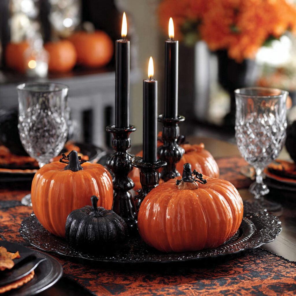a classic halloween centerpiece using orange pumpkins