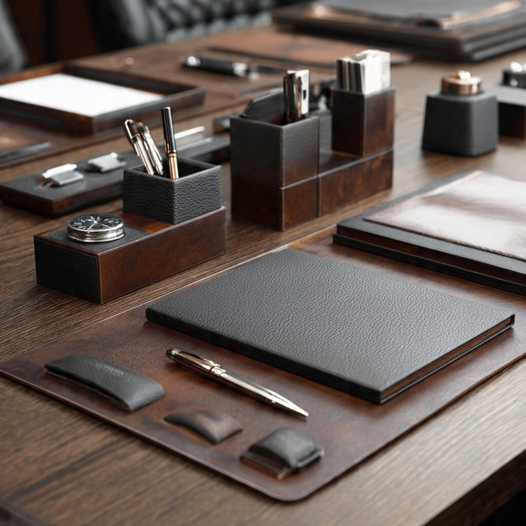 27 Masculine Home Office Ideas That Look Sleek and Powerful 28 a close up masculine desk scene with leather