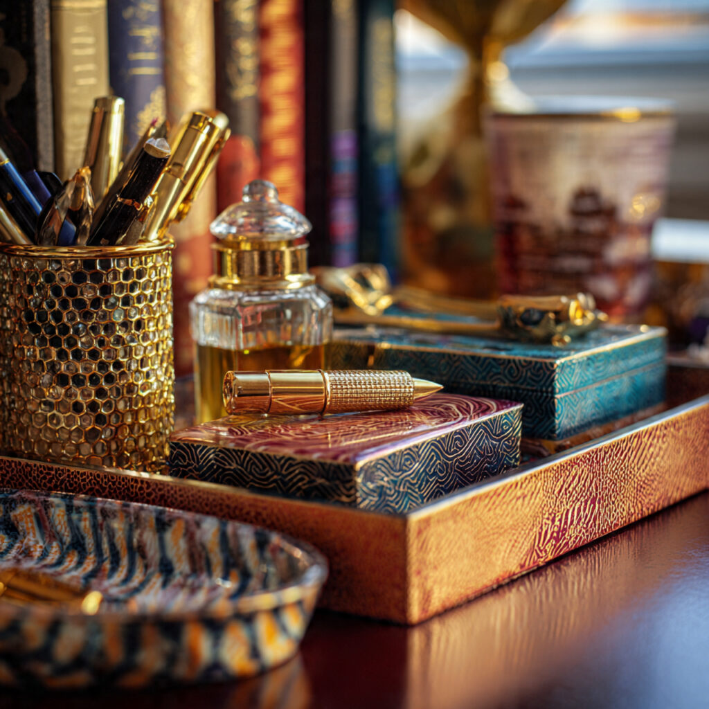 a close up view of a maximalist desk