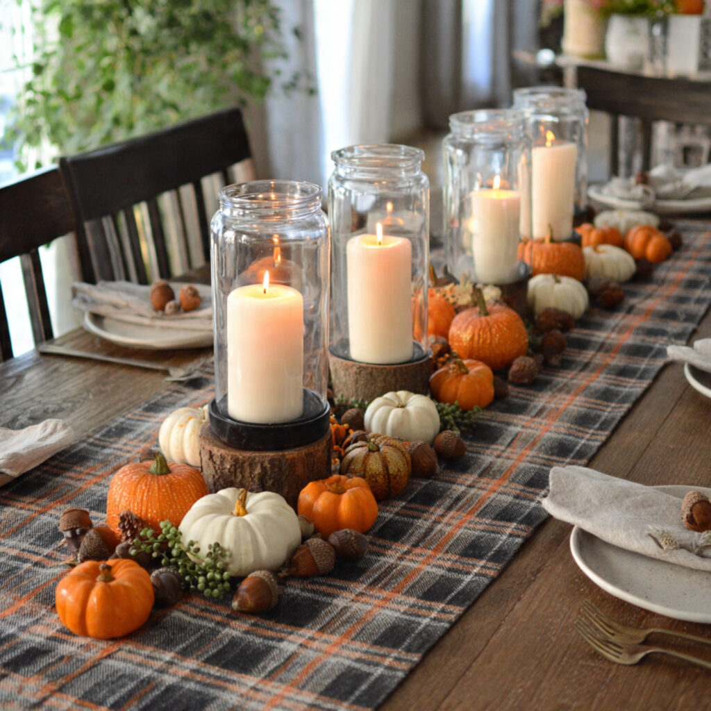 a cozy thanksgiving table centerpiece using a