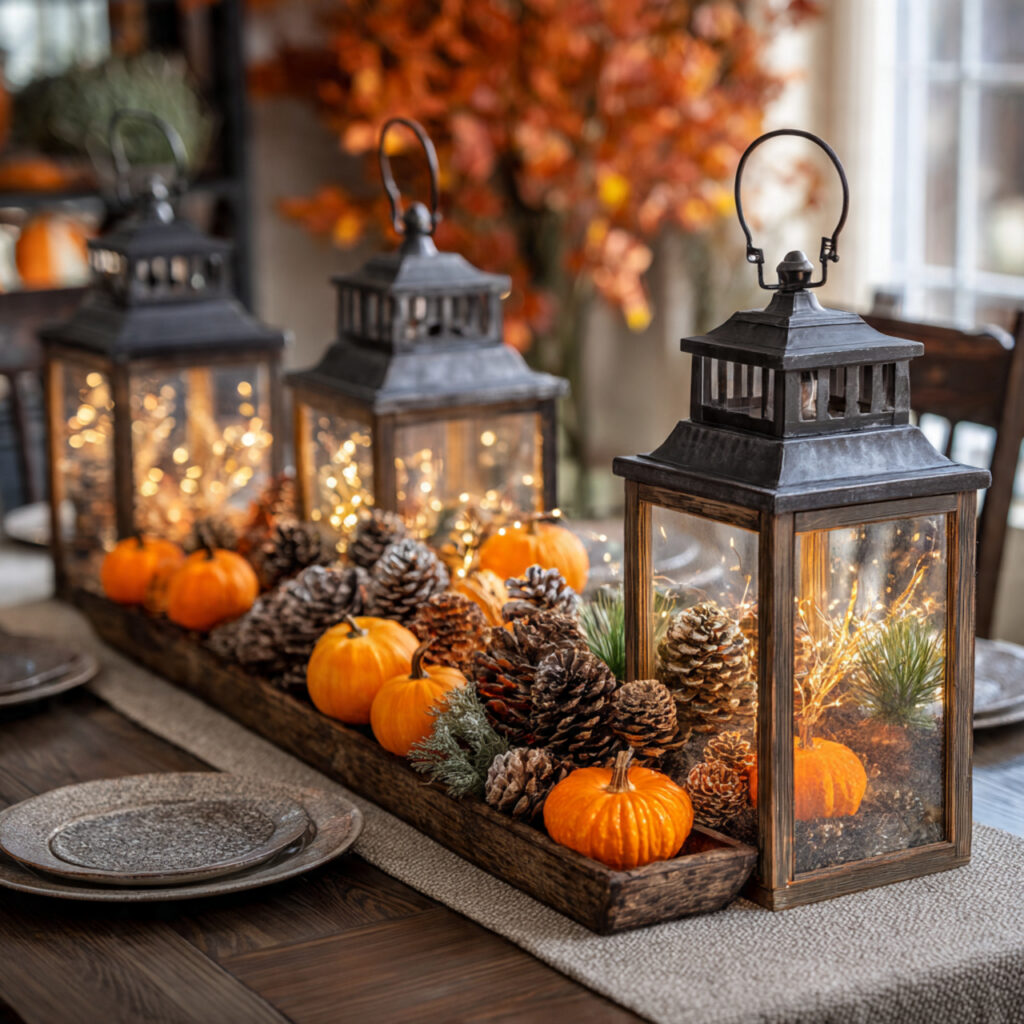 a cozy thanksgiving table centerpiece using lanterns