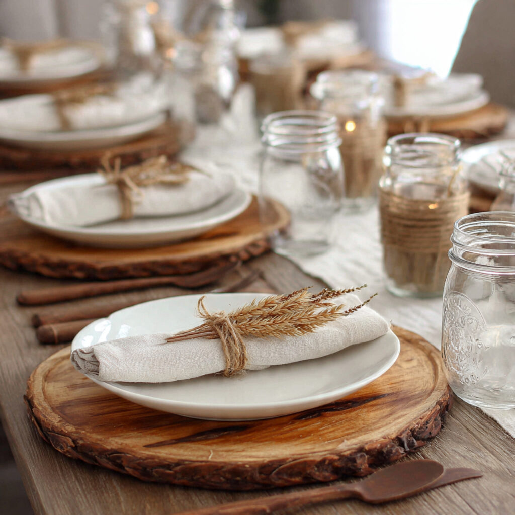 a cozy thanksgiving table setting with wooden