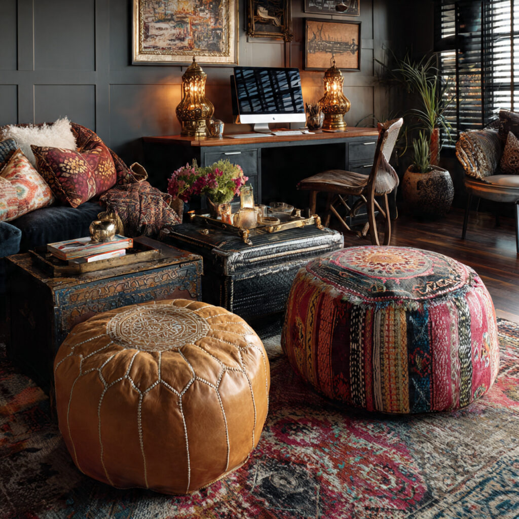 a creative home office featuring moroccan inspired poufs