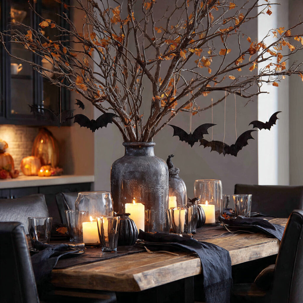 a dramatic halloween centerpiece using bare branches