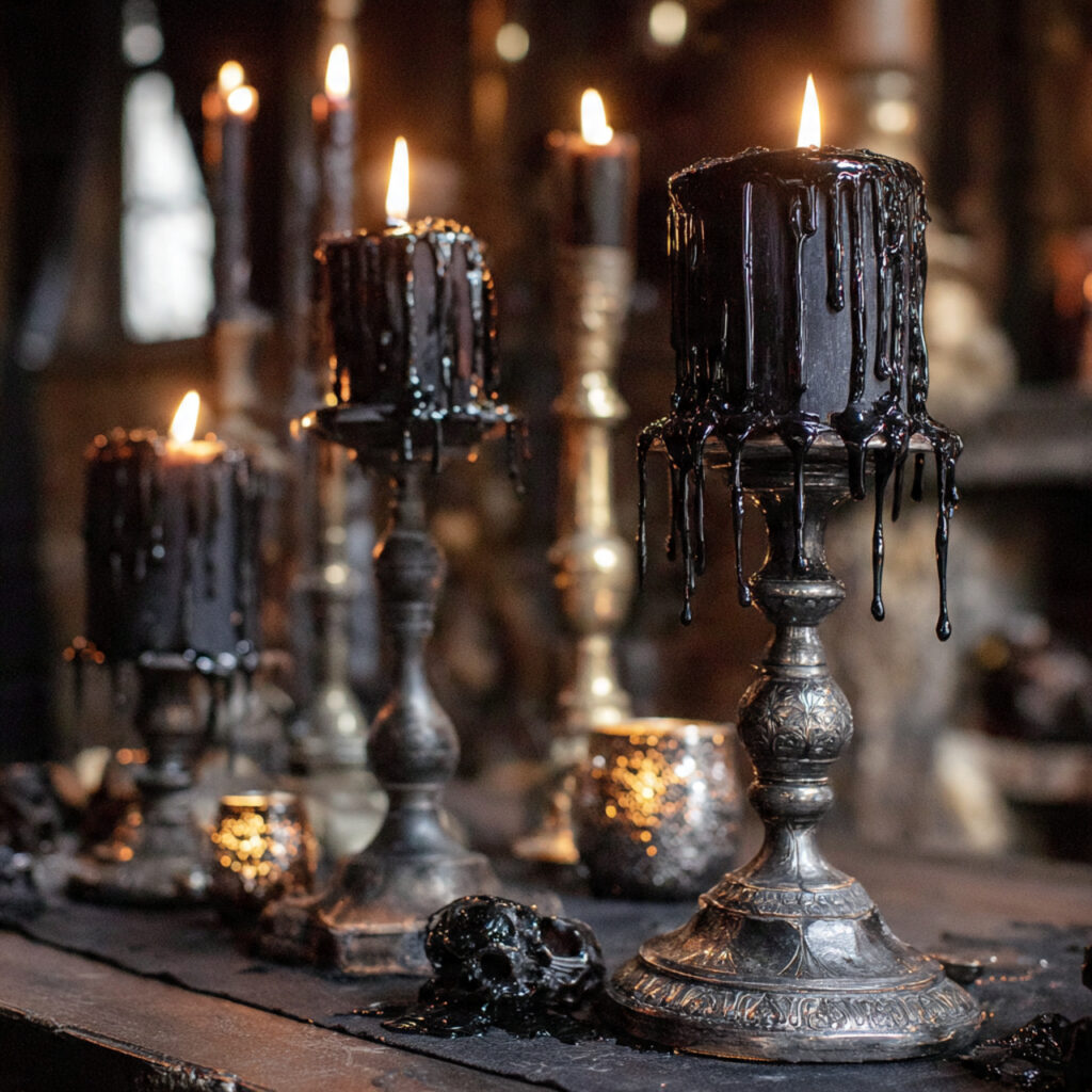 a gothic halloween display using candlesticks with