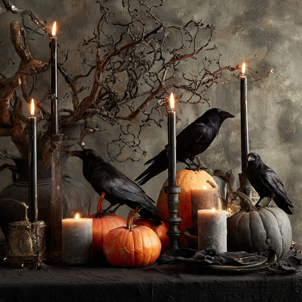 a gothic halloween table centerpiece with black