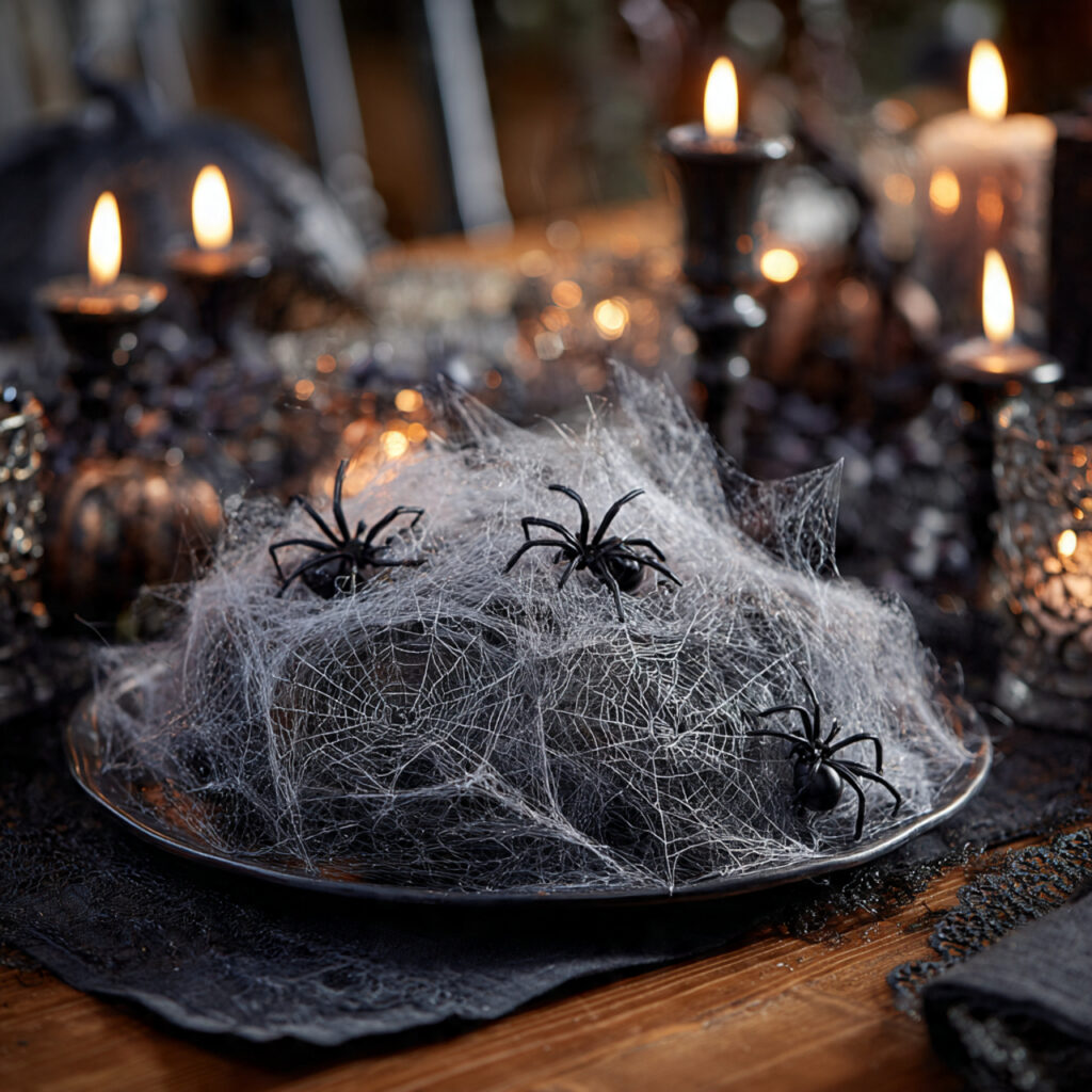 a halloween centerpiece covered with realistic spiderwebs