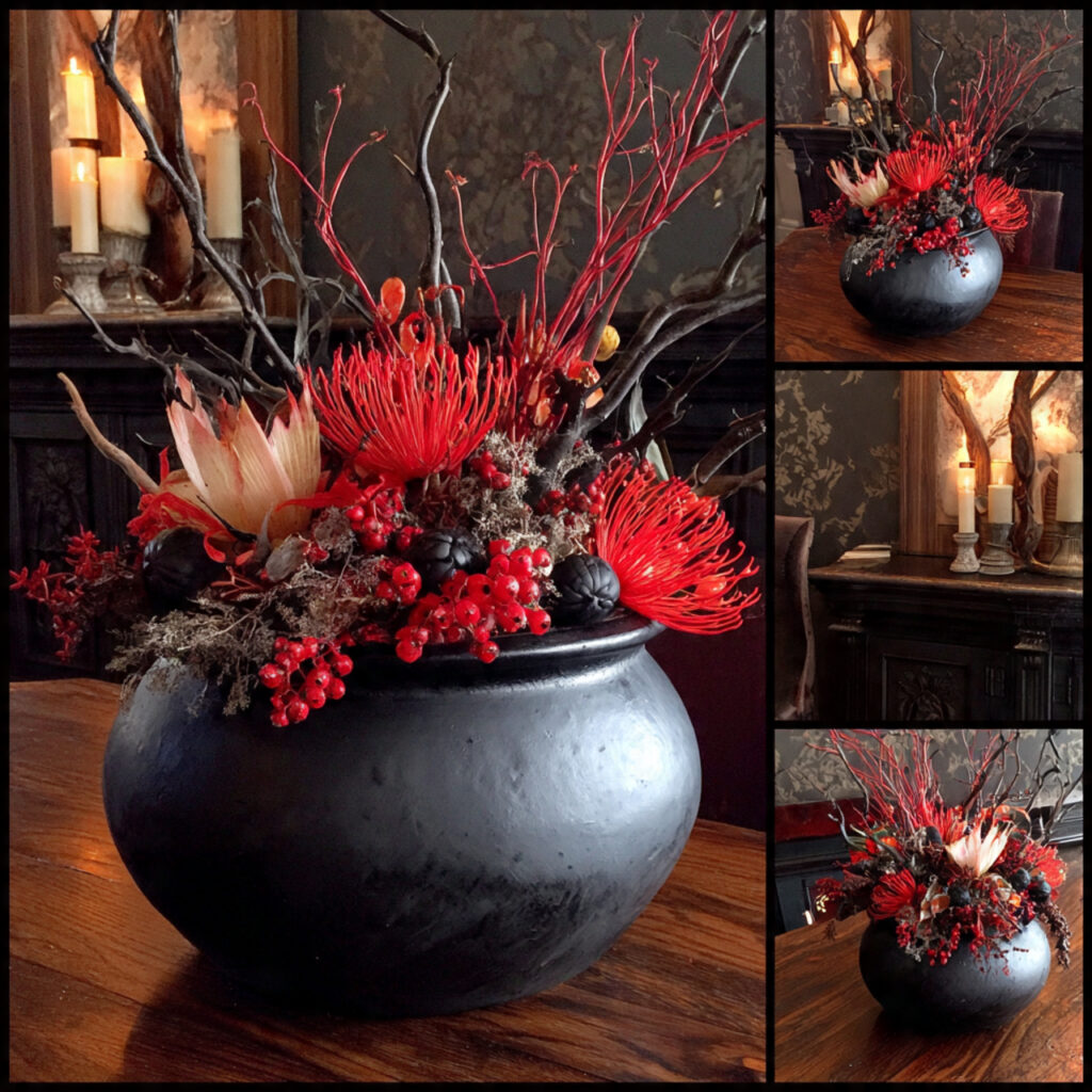 a halloween centerpiece using a black cauldron