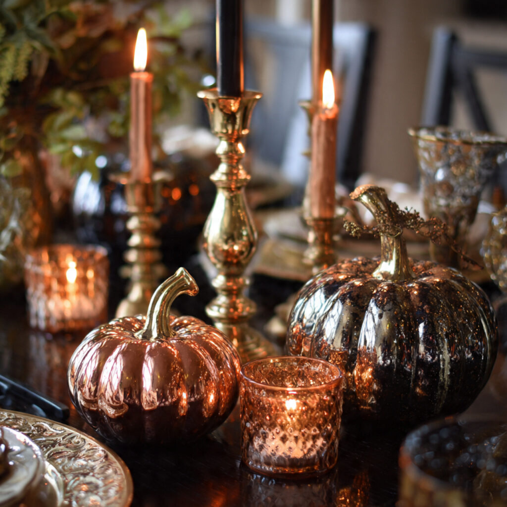 a halloween centerpiece using mercury glass pumpkins