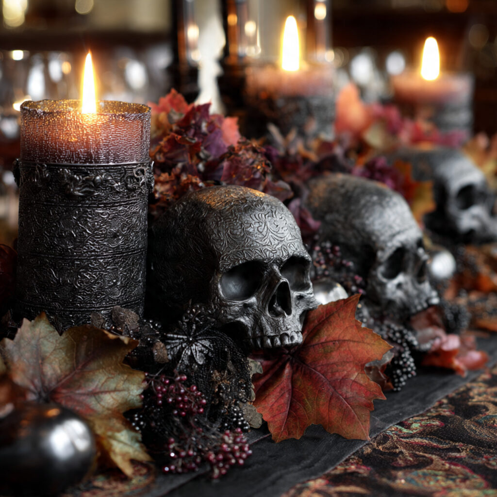 a halloween centerpiece with decorative skulls mixed
