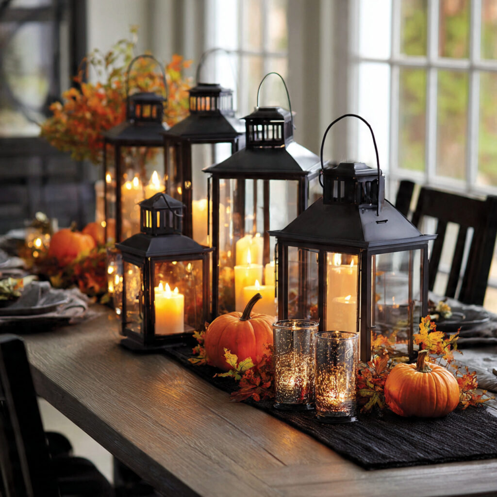 a halloween centerpiece with lanterns in different
