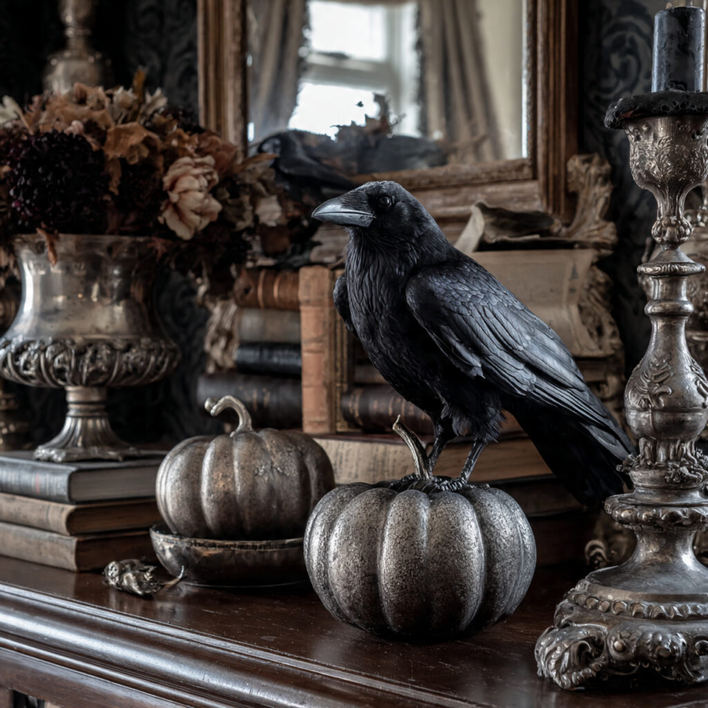 a halloween decor setup using realistic raven
