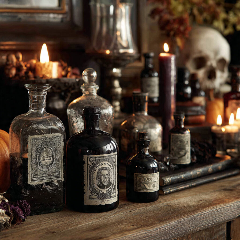 a halloween display using vintage style glass bottles