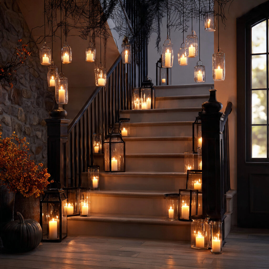 a halloween entryway with floating led candles