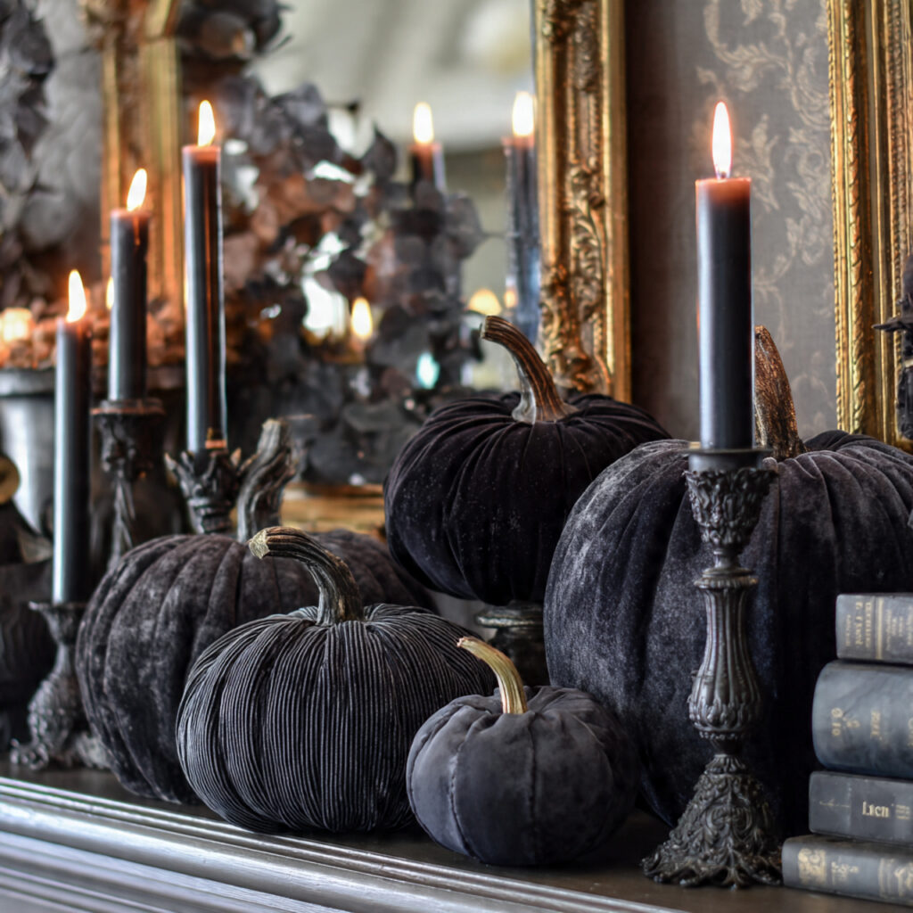 a halloween mantel featuring black velvet pumpkins