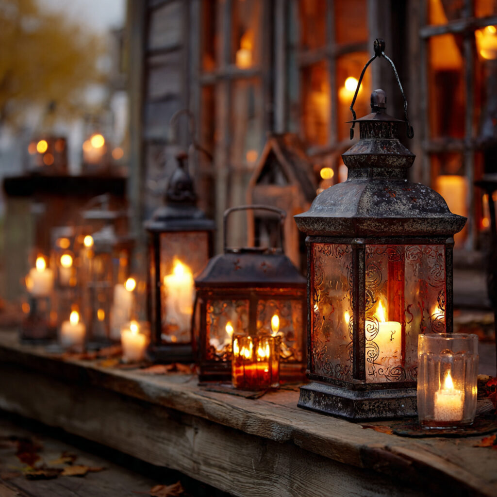 a halloween scene using vintage lanterns filled