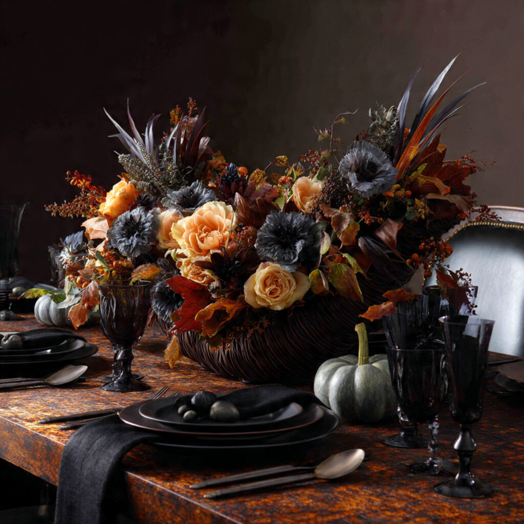 a halloween table centerpiece featuring a cornucopia