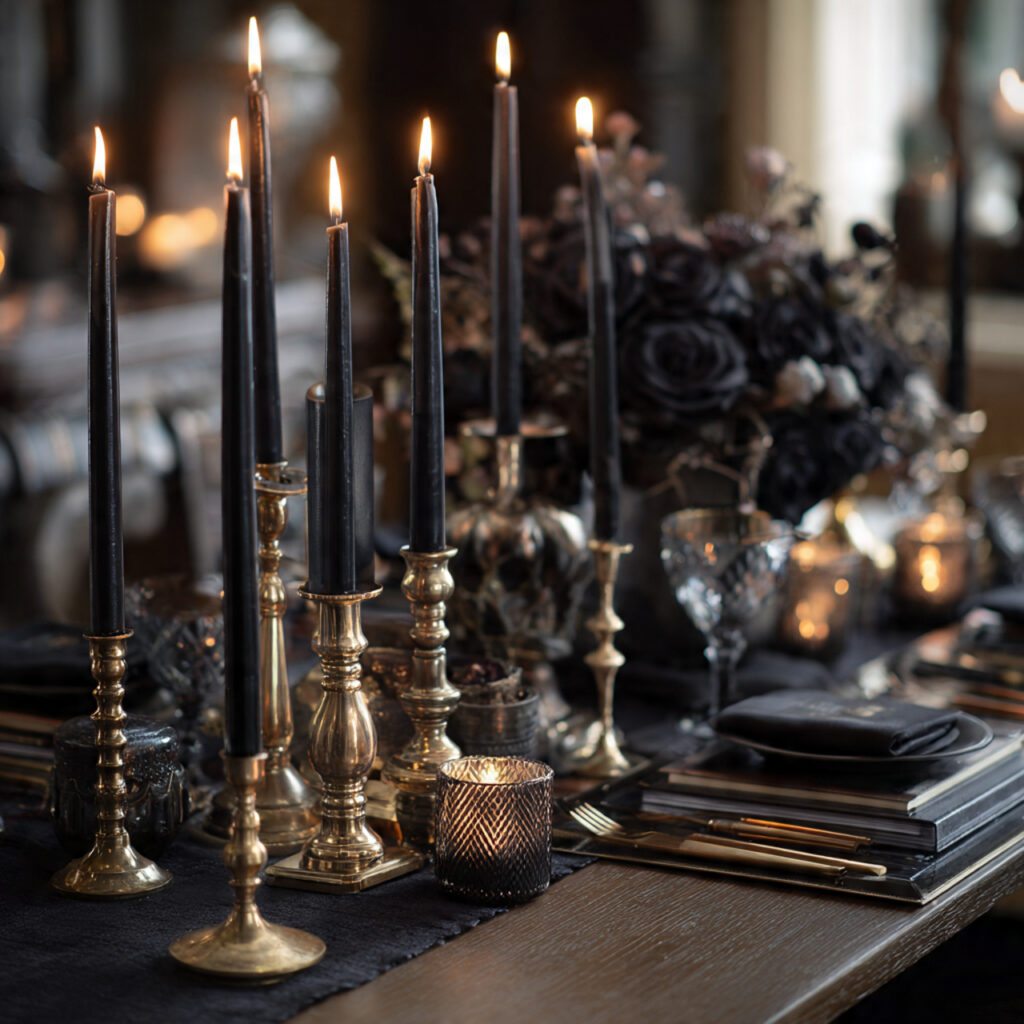 a halloween table centerpiece with black candles