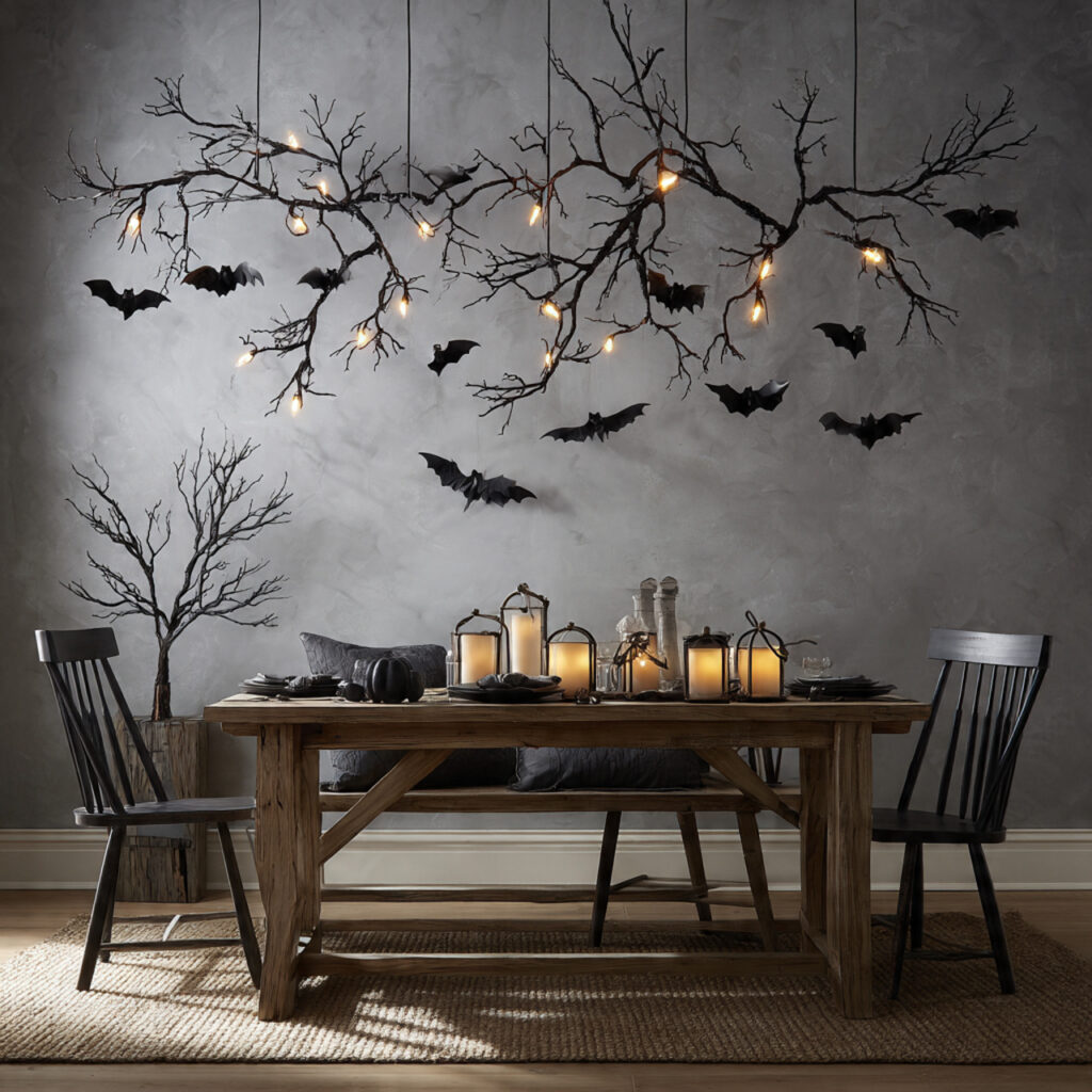 a halloween table with decorative elements hanging