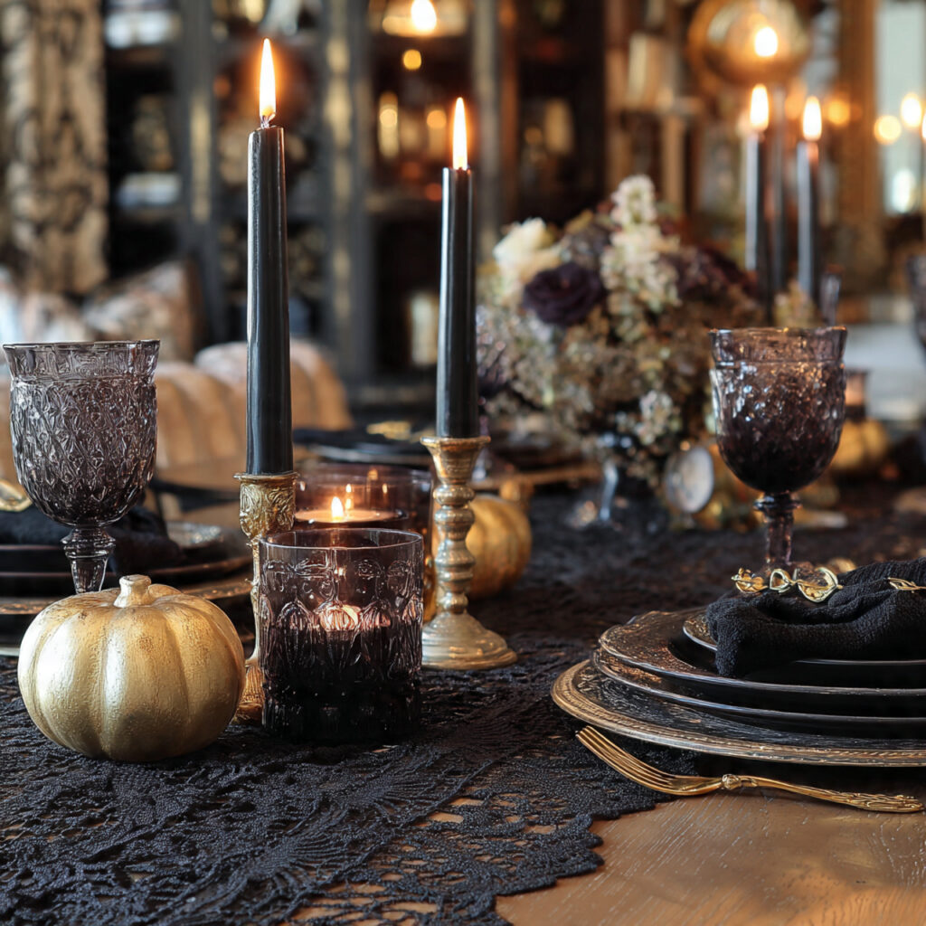 a halloween tablescape using a black lace