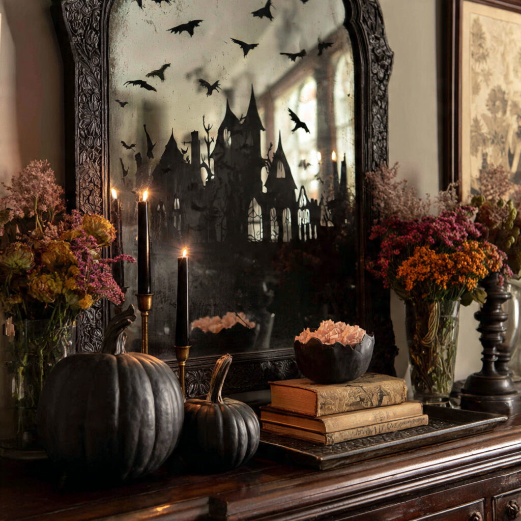 a halloween vignette using an antique style mirror