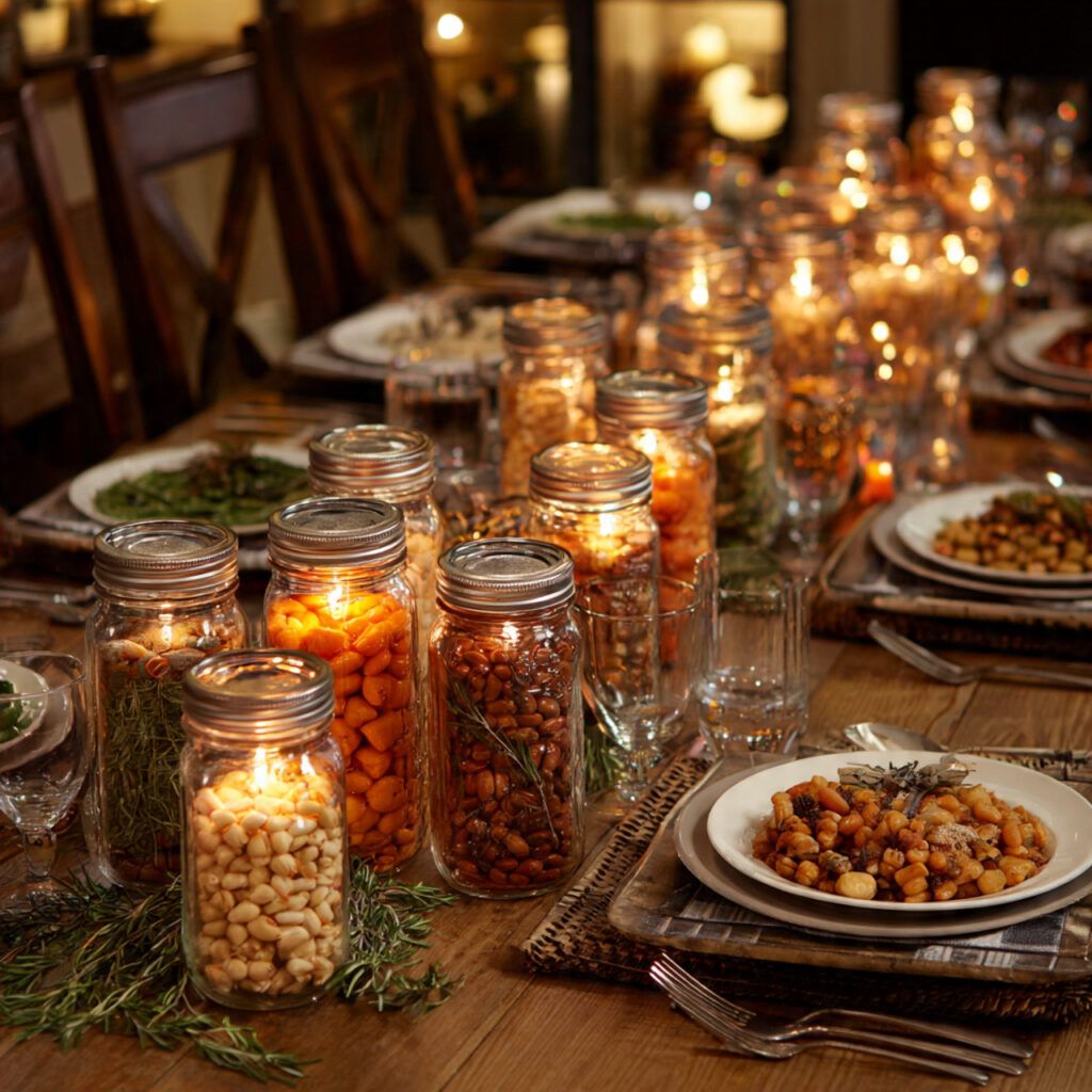 a handmade budget friendly thanksgiving table with mason