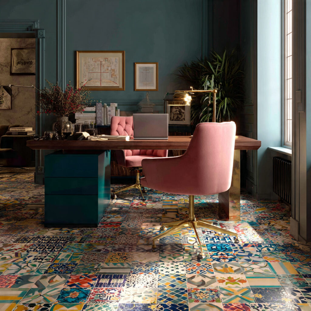 a home office featuring bold geometric floor