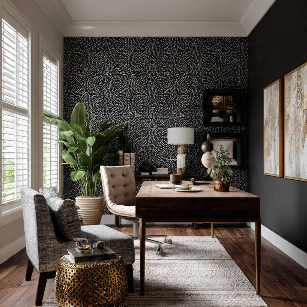 a home office with a patterned upholstered