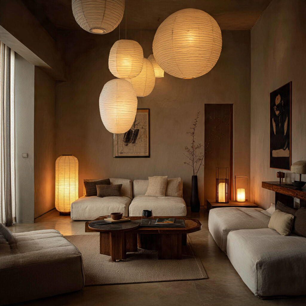 a japandi living room illuminated by soft