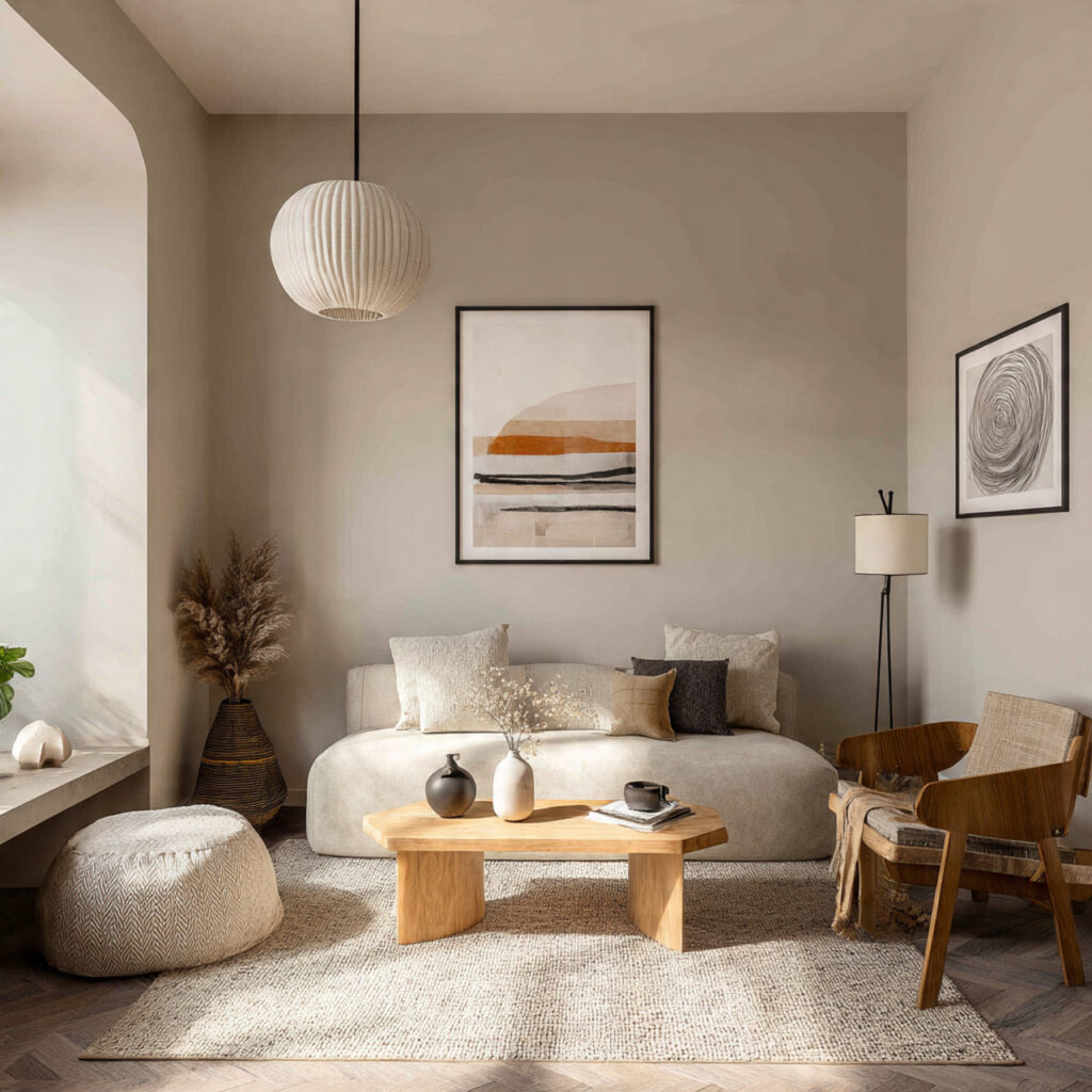 a japandi living room styled in neutral