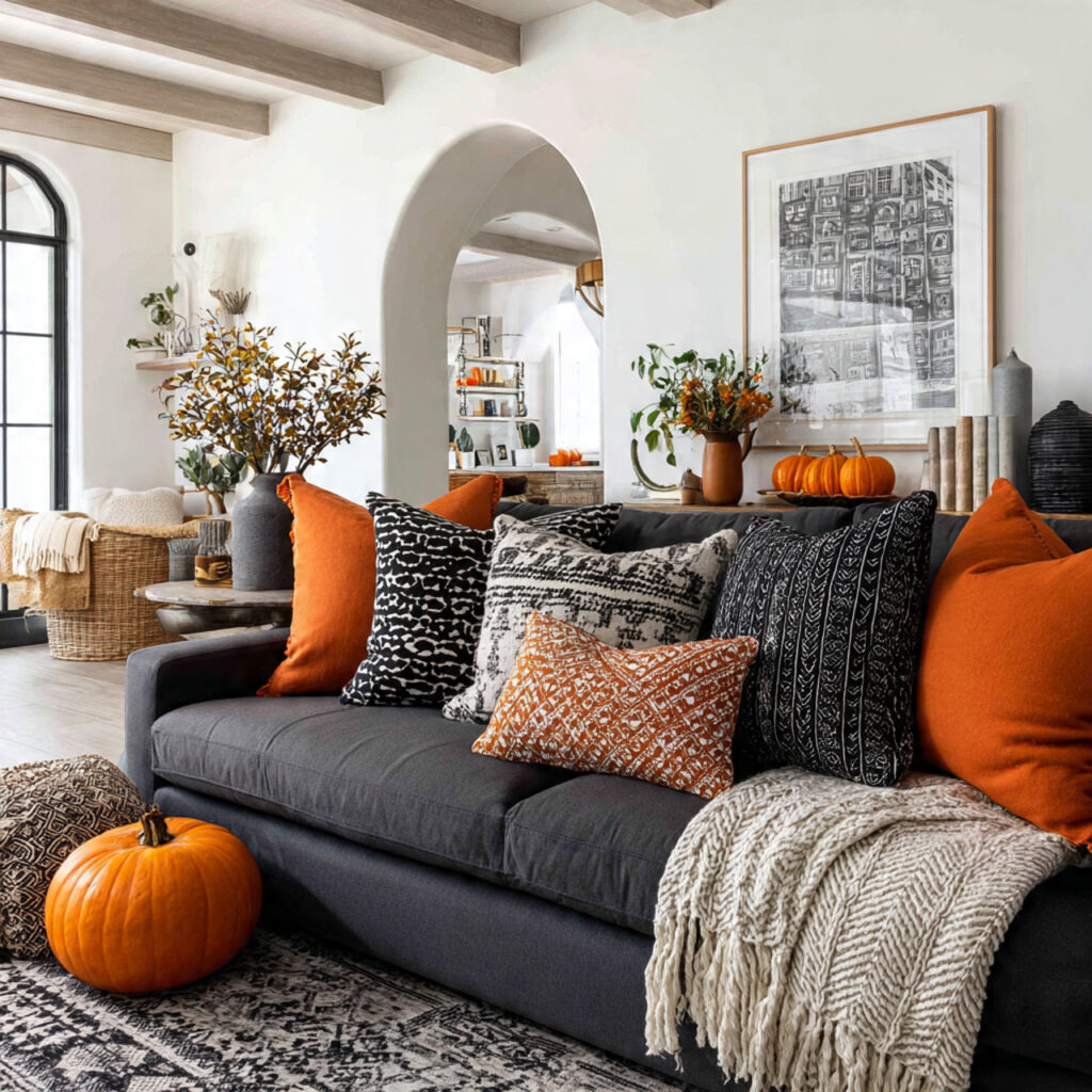 a living space with orange and black