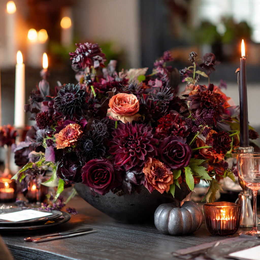 a low halloween floral centerpiece using deep
