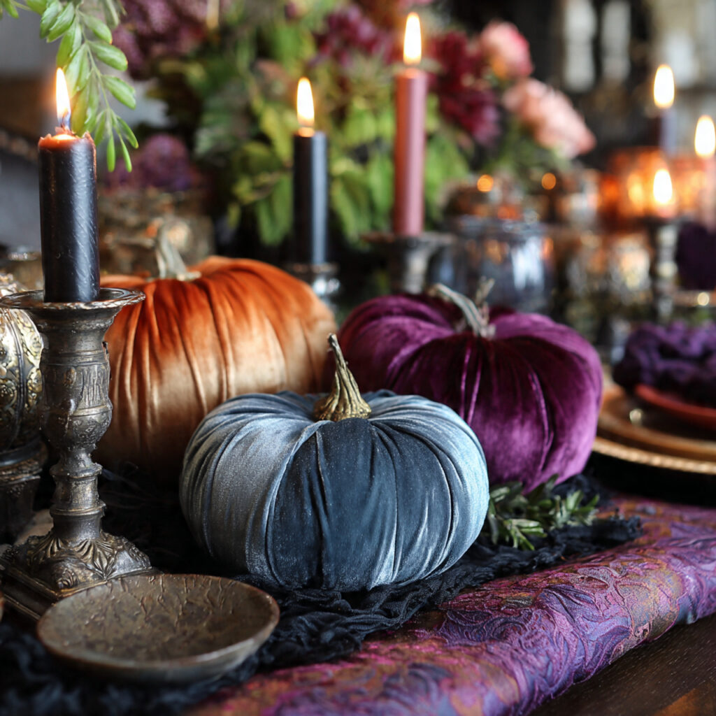 a luxurious halloween centerpiece featuring velvet pumpkins