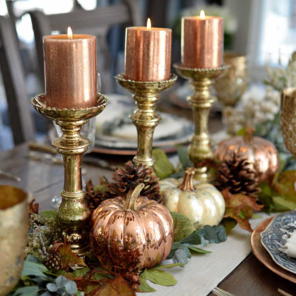 a luxurious thanksgiving centerpiece combining brass candlesticks