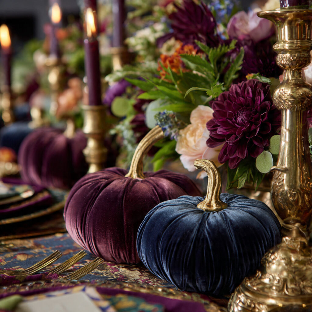 a luxurious thanksgiving centerpiece using velvet pumpkins