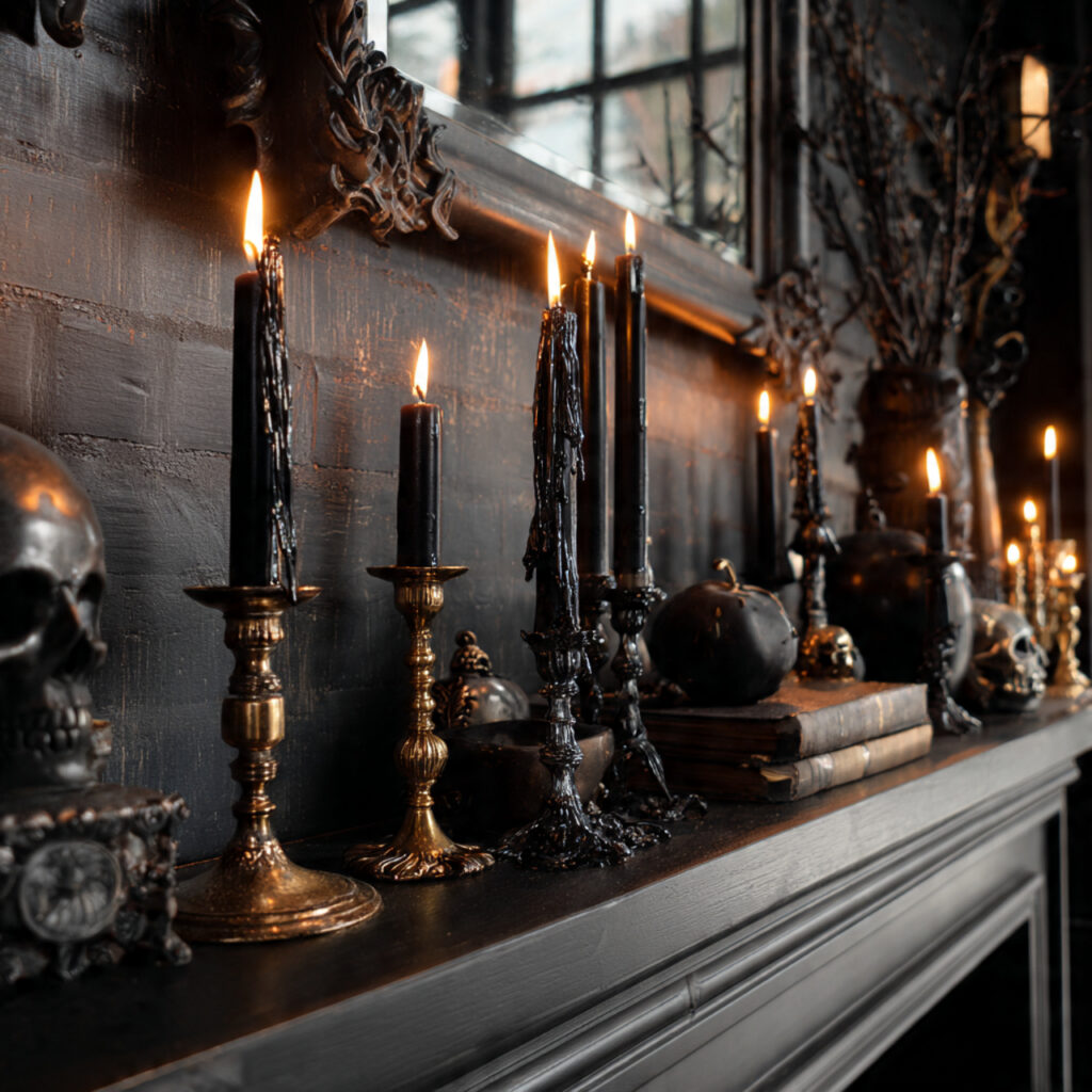 a mantel decorated with black candles of