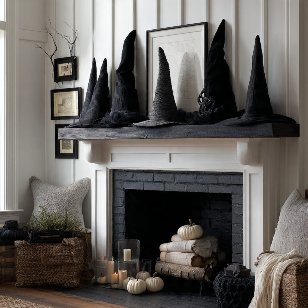 a mantel displaying witch hats in different