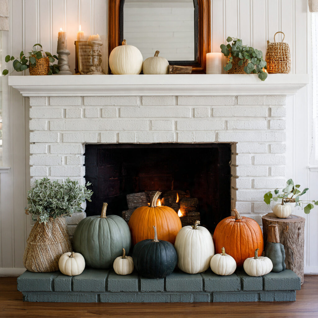 a mantel lined with pumpkins in different