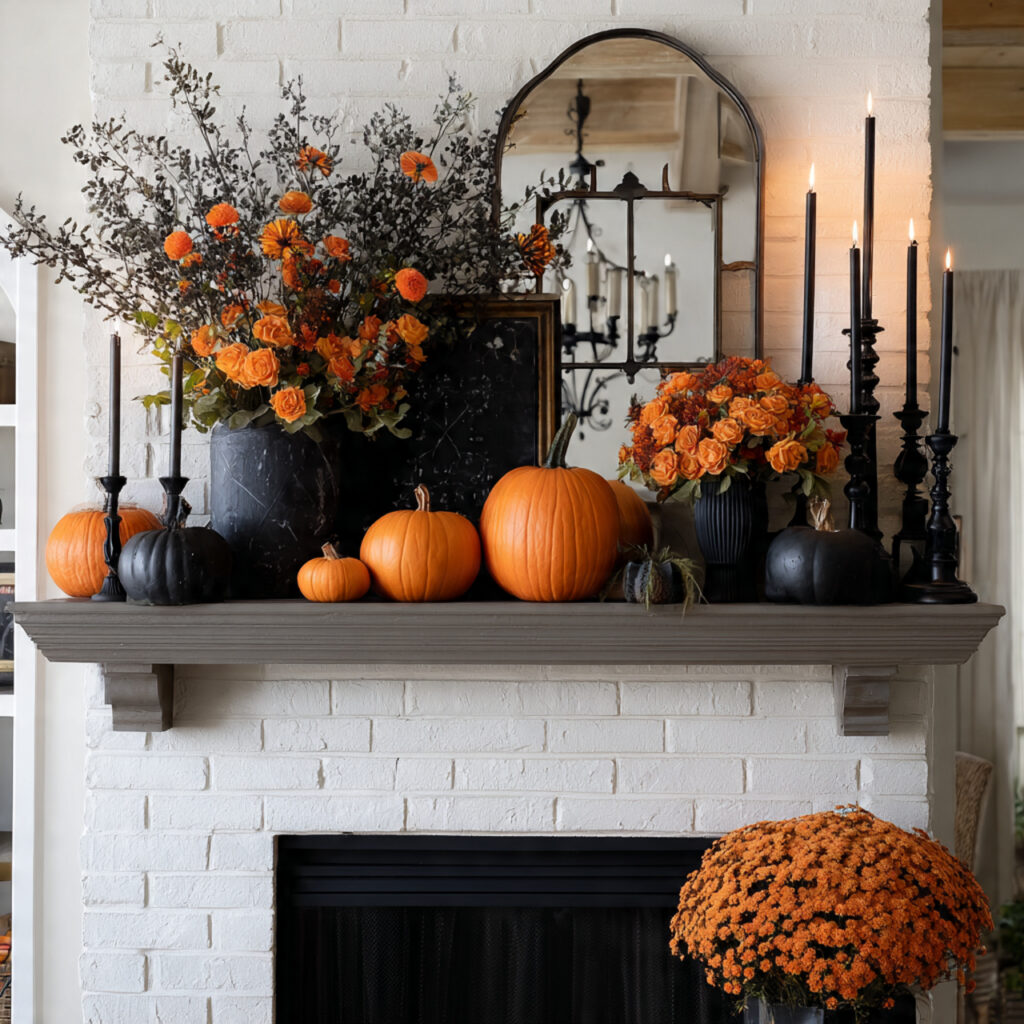 a mantel using classic halloween colors orange